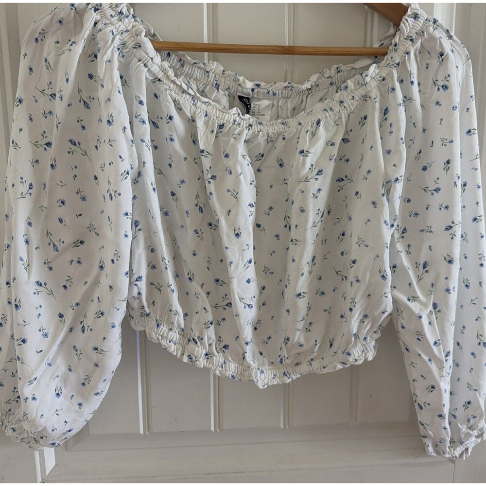 Women's H&M Floral Off-Shoulder Crop Peasant Blouse S Fairy core Cottage Boho